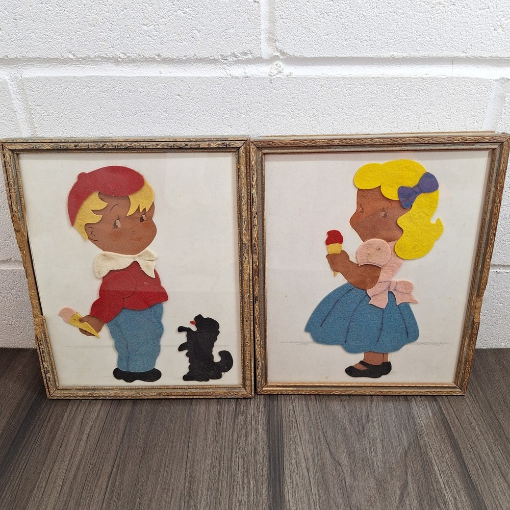 Vintage 50s Mid Century Felt Applique Framed Art Boy Girl Ice Cream Kitsch‎ 9x11